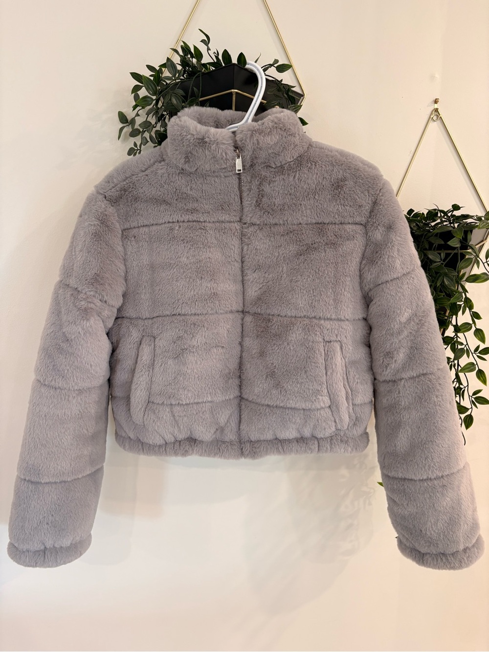Light Gray Faux-Fur Puffer Jacket - Women's